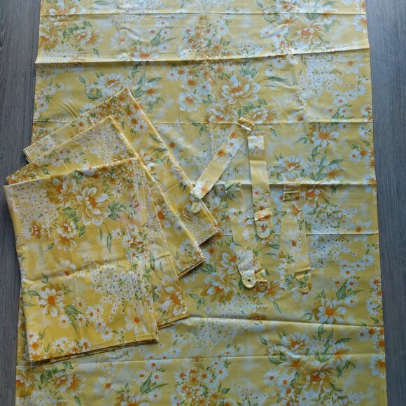 Vintage Vinyl Window Curtains Yellow Floral Set of 4 Panels Tiebacks 33" x 46.5" - Picture 2 of 11